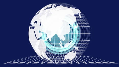animation of earth globe, clock and binary coding over blue background
