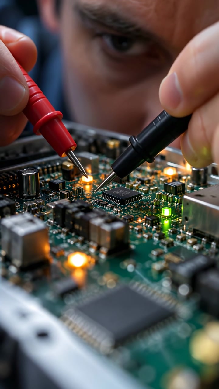 Close view shows a man holding red and black test probes against points on a populated circuit board, with small green and amber indicator lights glowing around components.