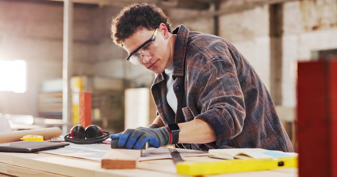 Young Carpenter Sanding Wood in a Workshop