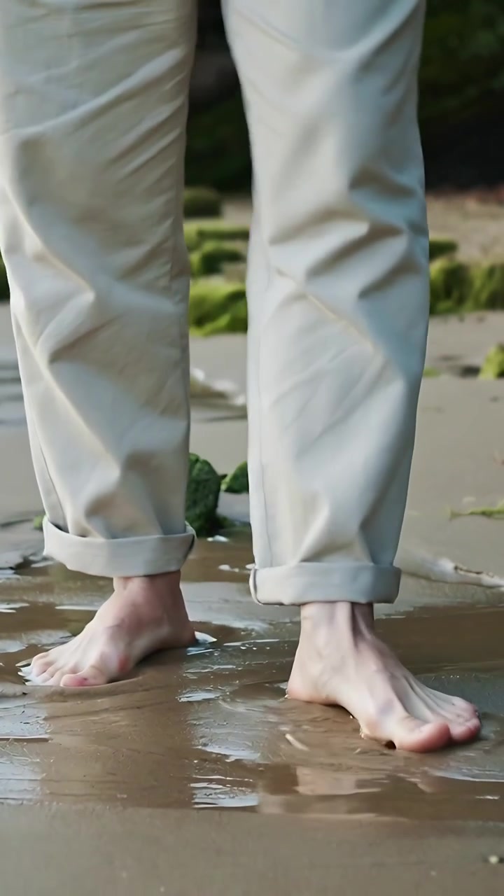 Vertical video: Stepping into tide pools, barefoot adult khaki cuffs balancing, hand touching sand