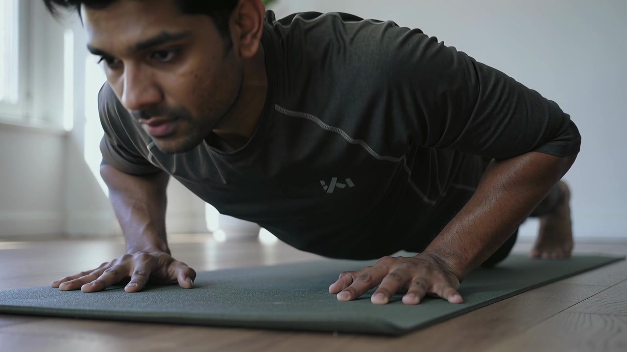 Starting rep man lowering and pushing up on dark mat at home, wearing shorts for workout