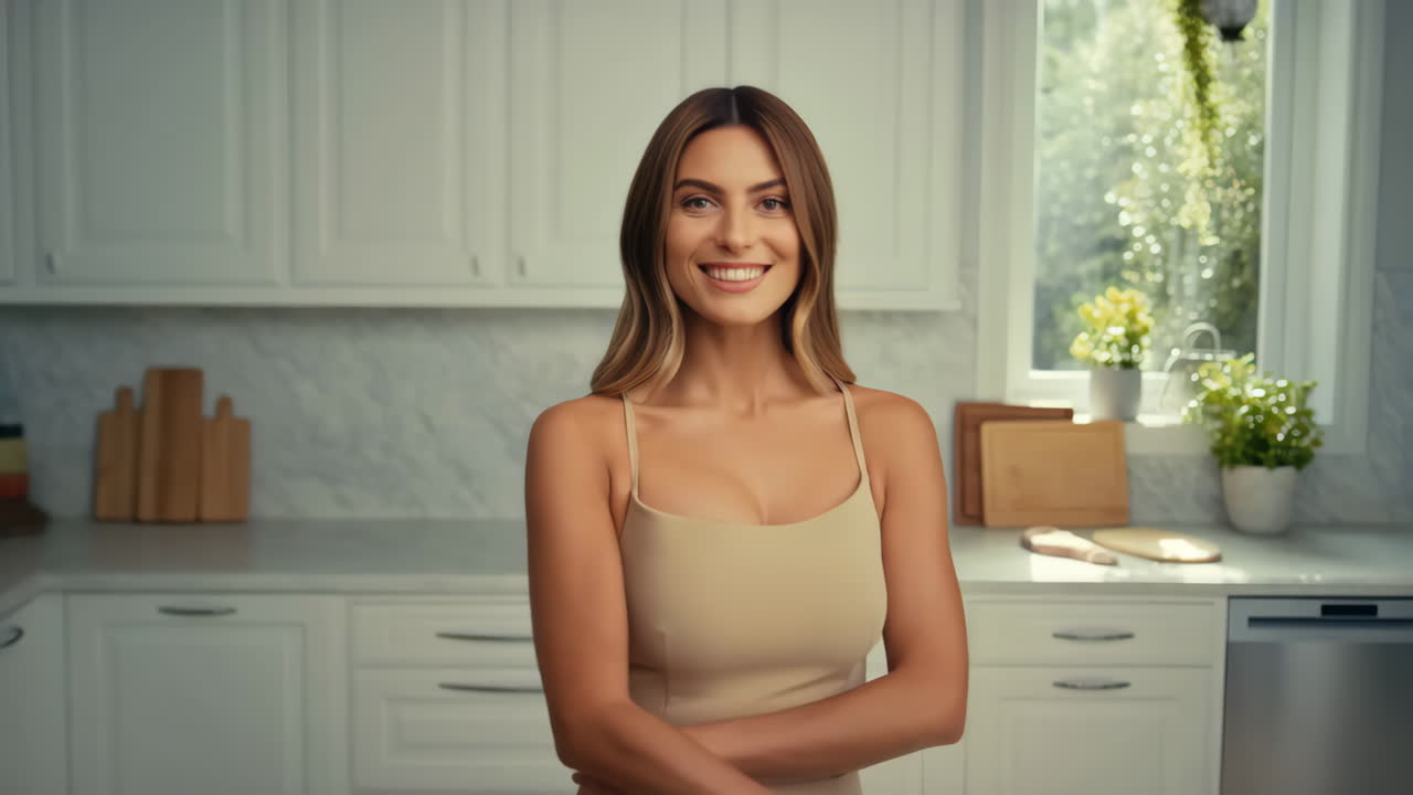 Donna che manda un bacio e sorride in cucina