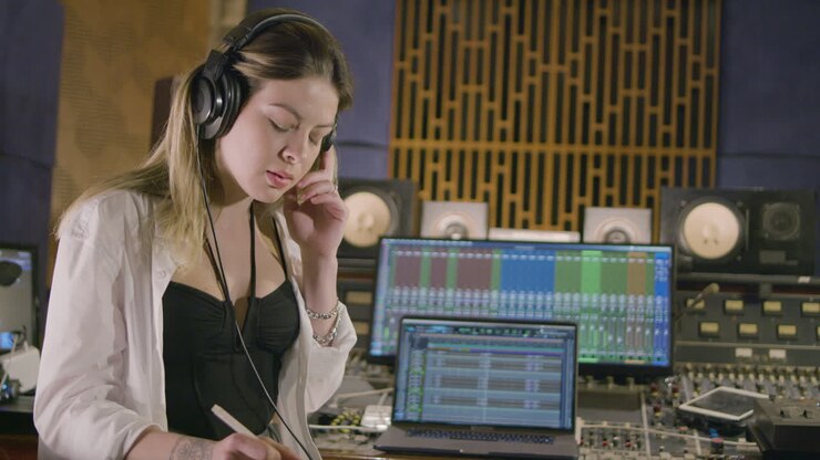 Young Caucasian woman working at music recording studio