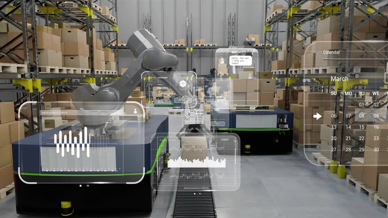 Animation of diagrams and data processing over machines working in warehouse