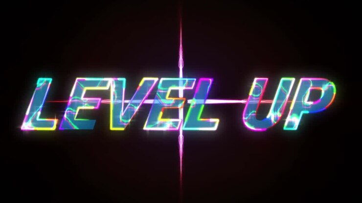 Animation of glowing level up text over red glowing shape
