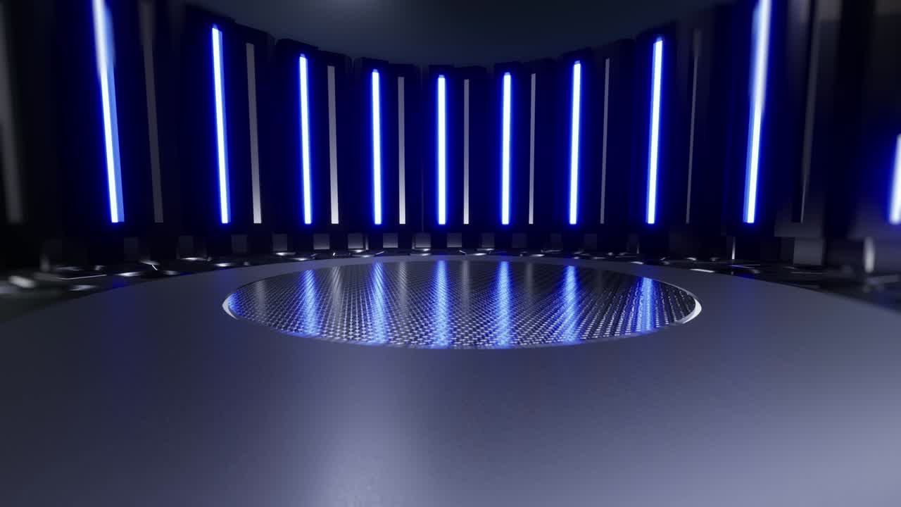 plataforma redonda, estudio de entretenimiento virtual en el fondo