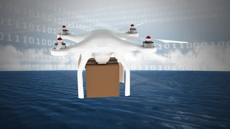 entrega de drones y códigos binarios contra el cielo nublado y el océano