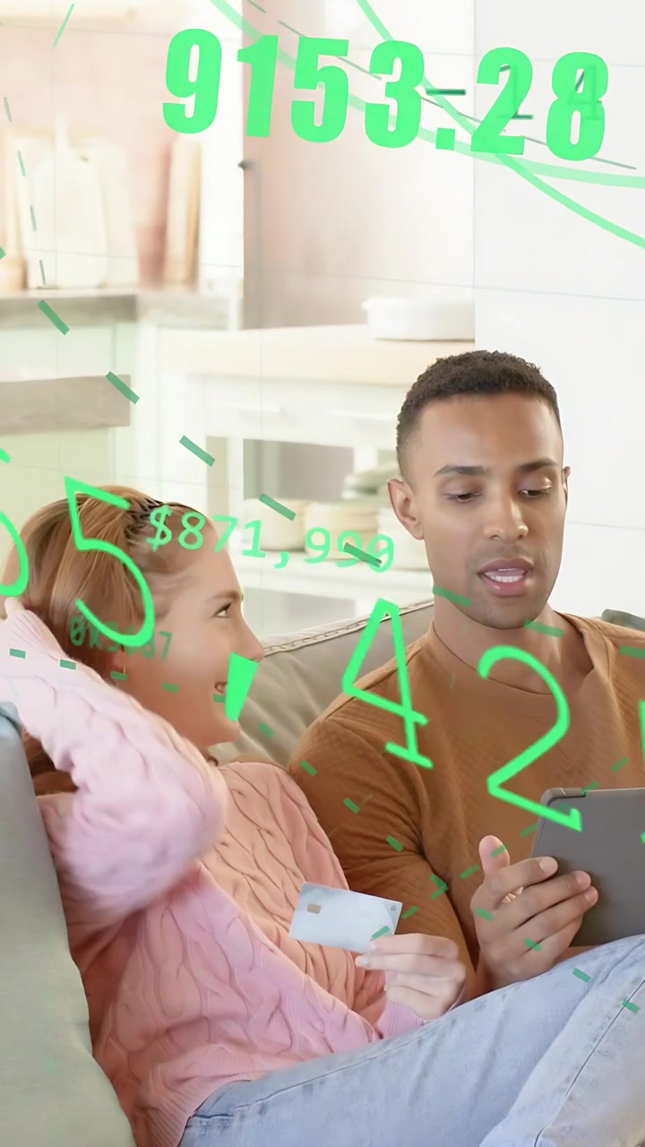 Vertical video: Woman holding card, man using tablet on sofa, checking balance via green overlays
