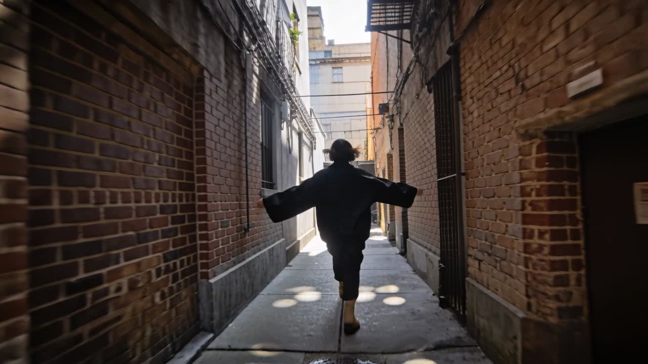 黄色いブーツを履いた男性が、日差しの当たる赤いレンガの路地を、明るい通りに向かって歩いている。