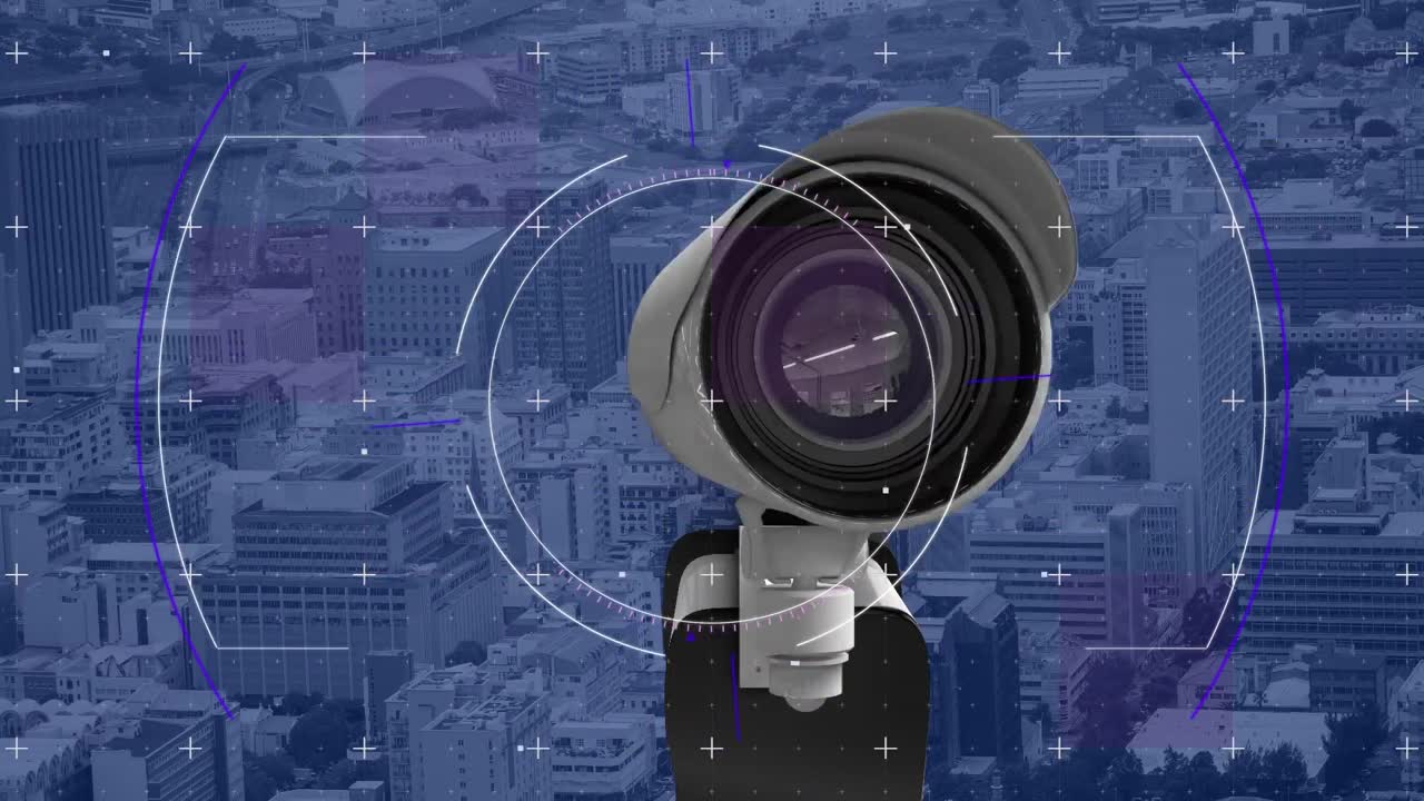 Animation of network of security camera over cityscape