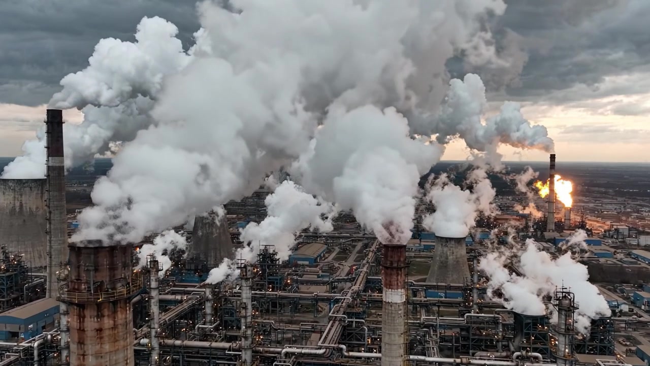 Aerial View of Industrial Complex with Emissions: A Perspective on Pollution and Environmental Impact from Factories Releasing Smoke into the Atmosphere