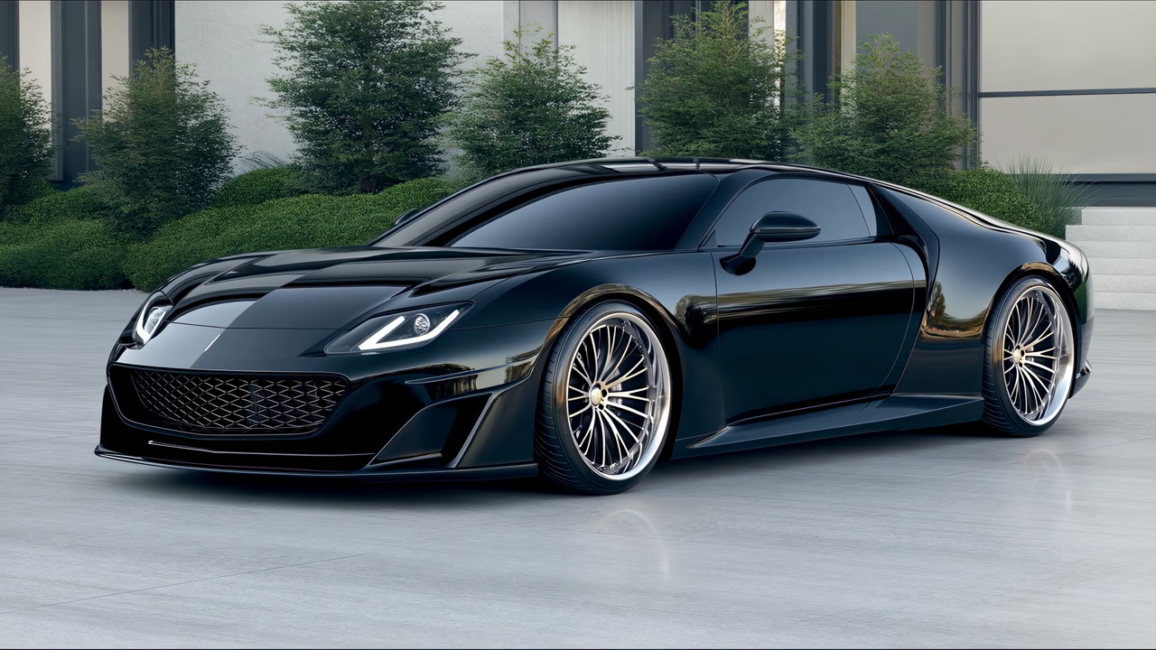 Sleek Black Supercar Parked Outside Modern Building Cinematic Lowangle Hero Shot Showing Glossy Finish Alloy
