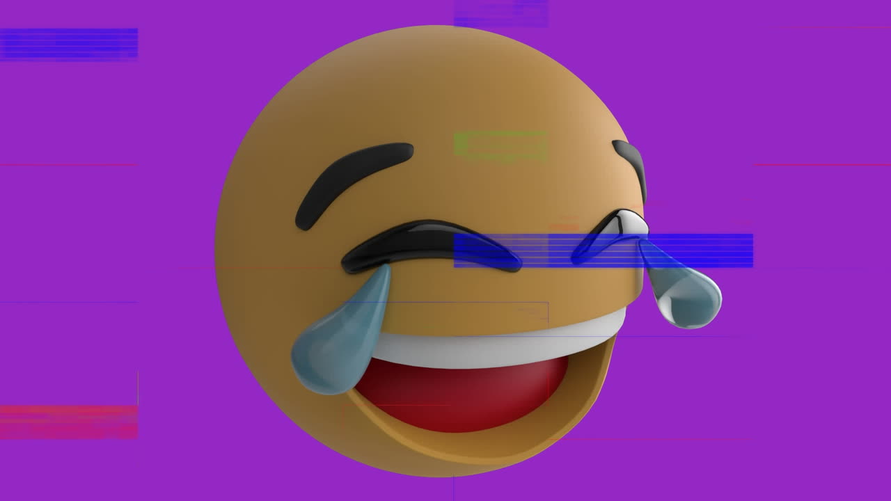 Animation of smile emoji over noise on screen on purple background