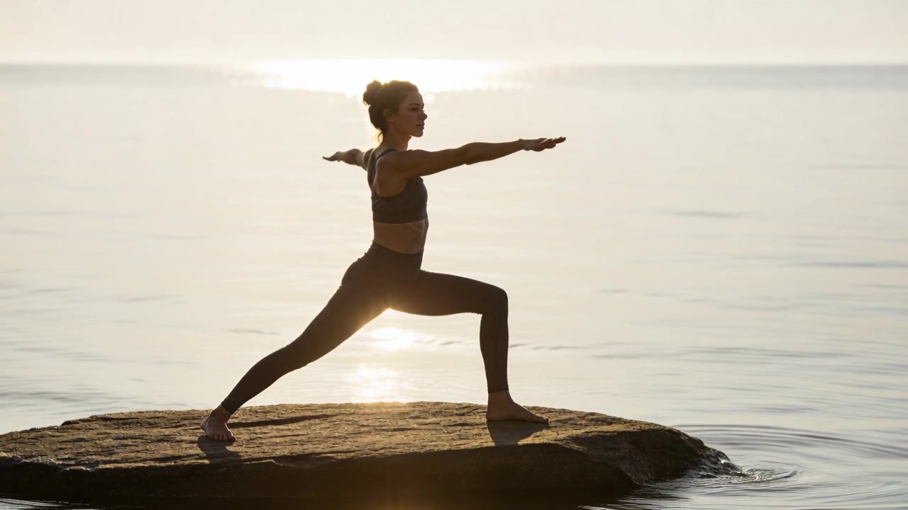 Donna che si muove fluidamente, praticando yoga in piedi su una roccia in riva al mare al tramonto, indossando abbigliamento sportivo.