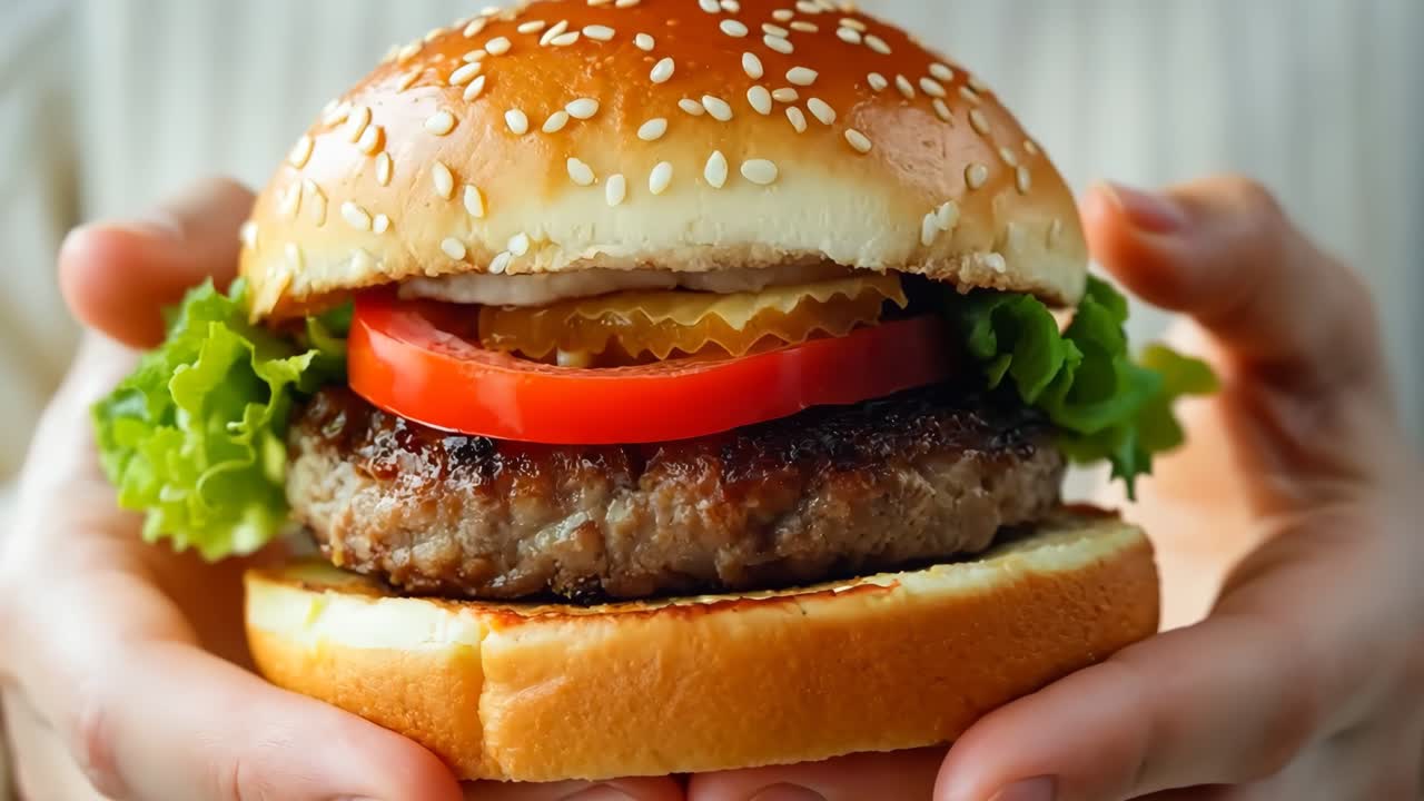 una persona sosteniendo una hamburguesa en sus manos