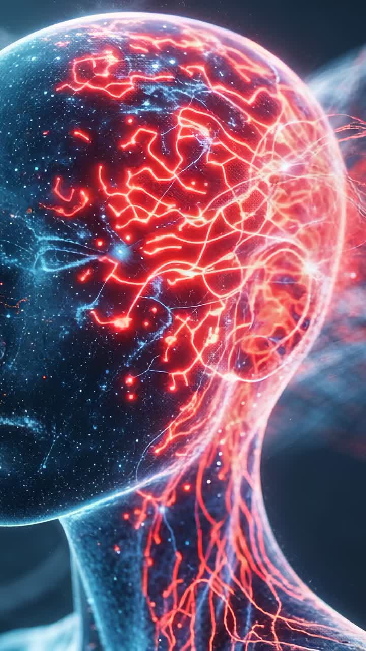 Vertical video: Digital head pulsing red energy through vein in void at start, blue sparks