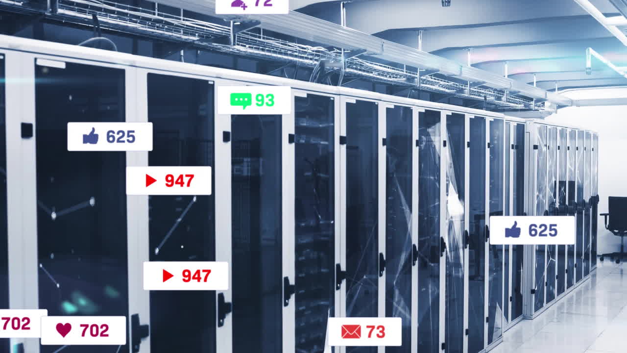 Animating data center server racks displaying floating social media notifications with cable trays