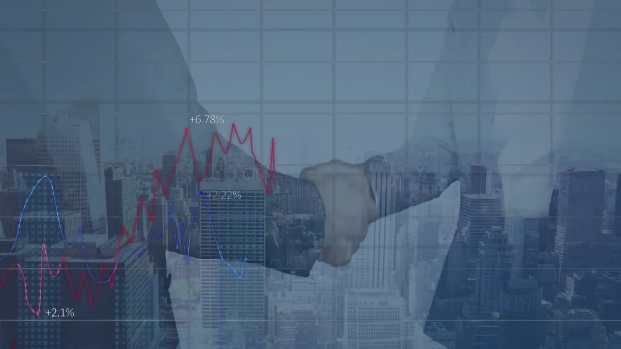 Animação de processamento de dados sobre aperto de mãos entre empresários