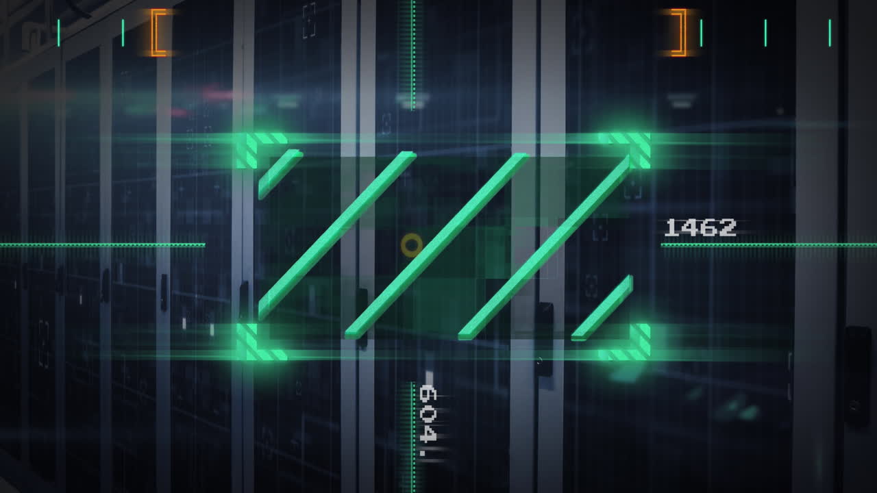 데이터 서버 랙 위에서 숫자를 변경하는 뷰파인더의 라인의 애니메이션