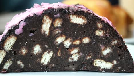 close-up of a chocolate biscuit cake slice