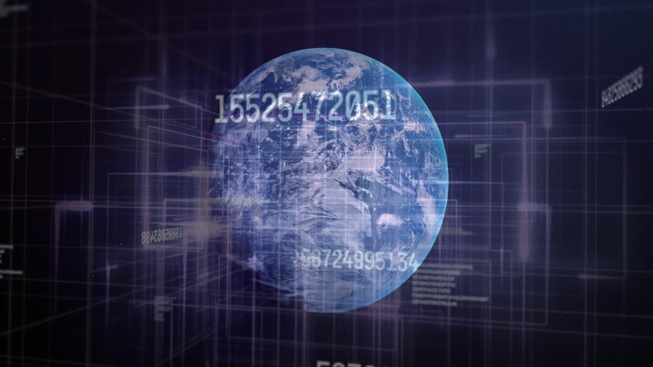 Earth with numerical data and grid lines, global data analysis animation