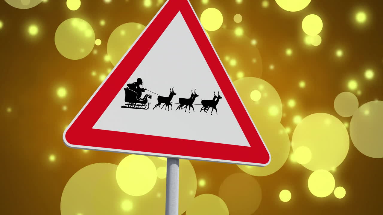 Animation of santa in sleigh on road sign over yellow spots