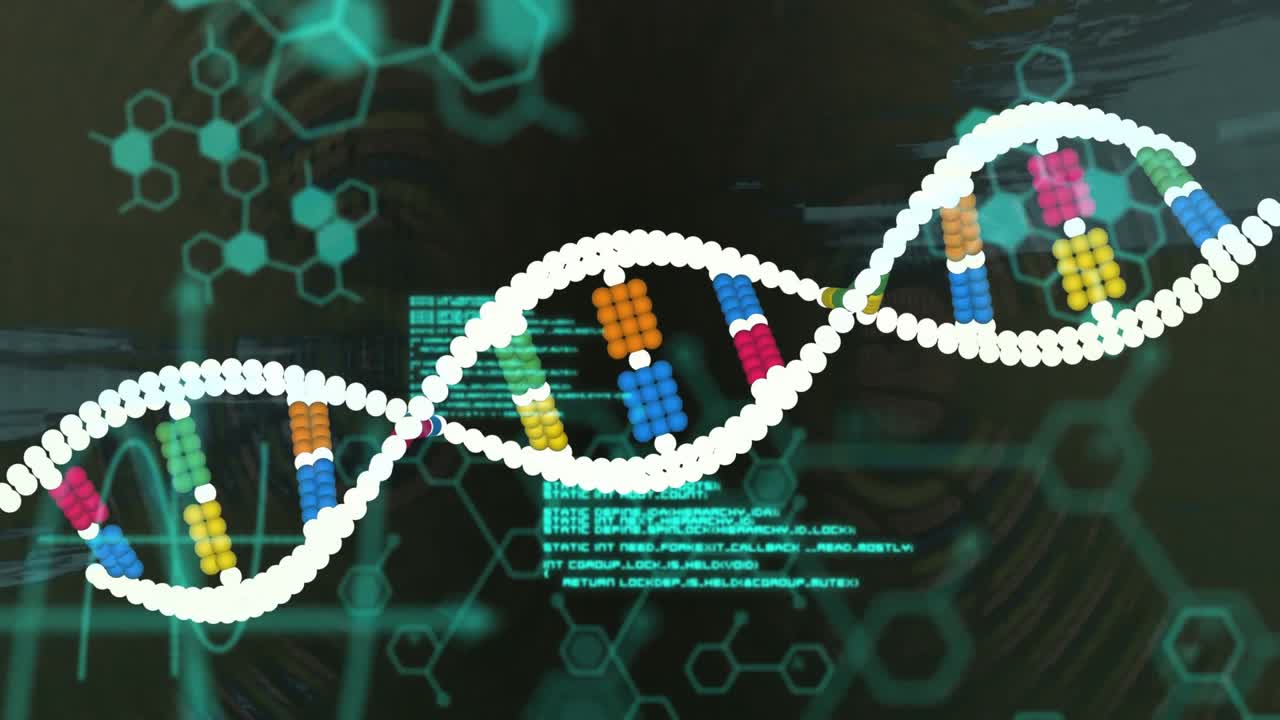 Animation starting with stylized DNA helix moving, rotating, undulating across teal UI for research