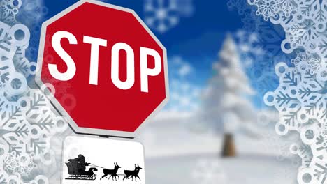 Animation-of-snowflakes-over-stop-sign-with-santa-claus-in-sleigh-with-reindeer-in-winter-scenery