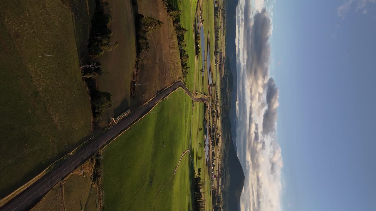 tomada vertical de un paisaje verde con una carretera en tasmania, australia