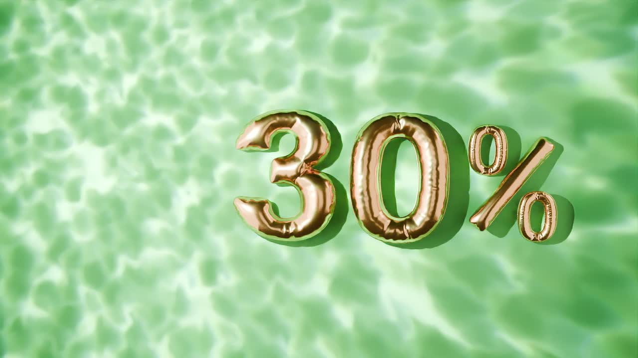 30% dorado flotando por encima de las ondas de agua en fondo verde