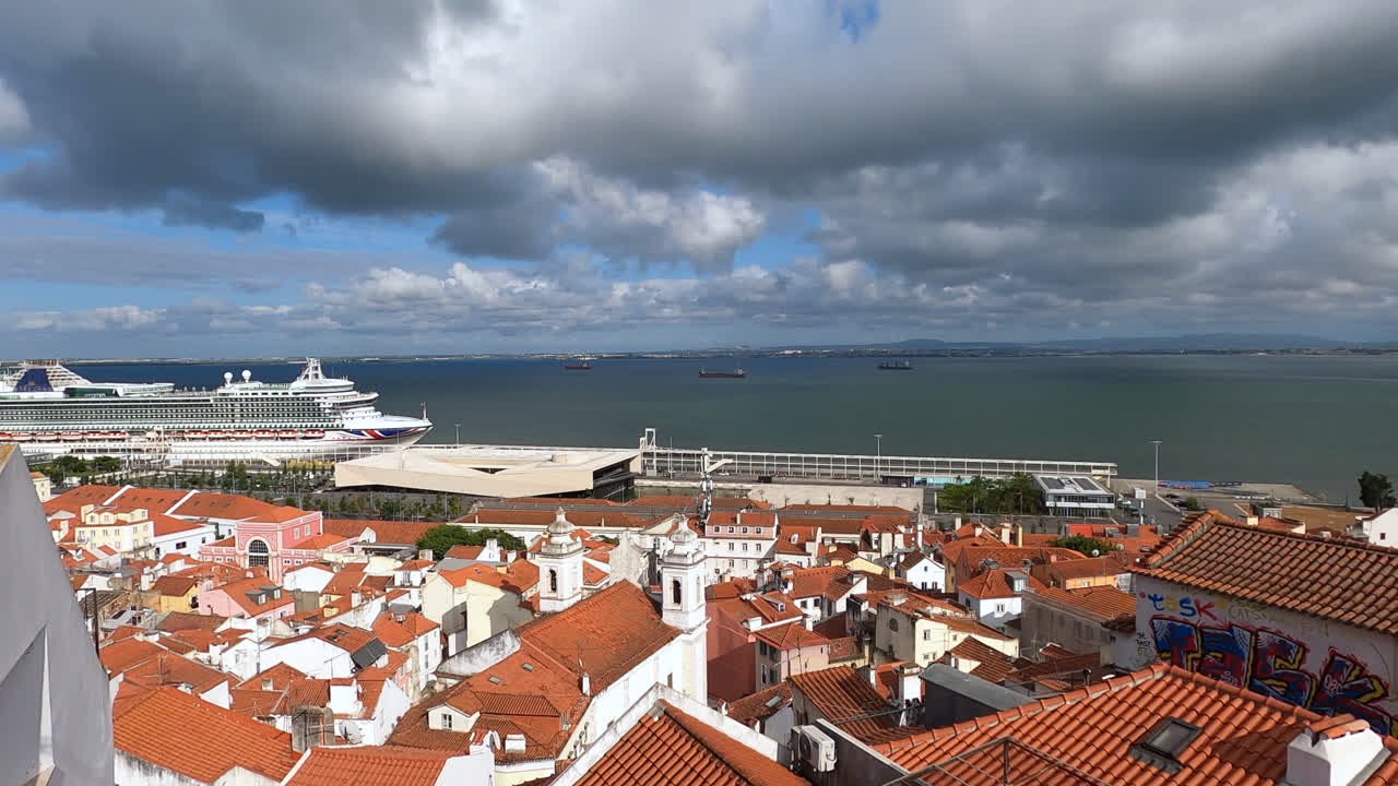Panoramic Rooftop Panning View Of Lisbon In Portugal, With Cruise Ship At Port