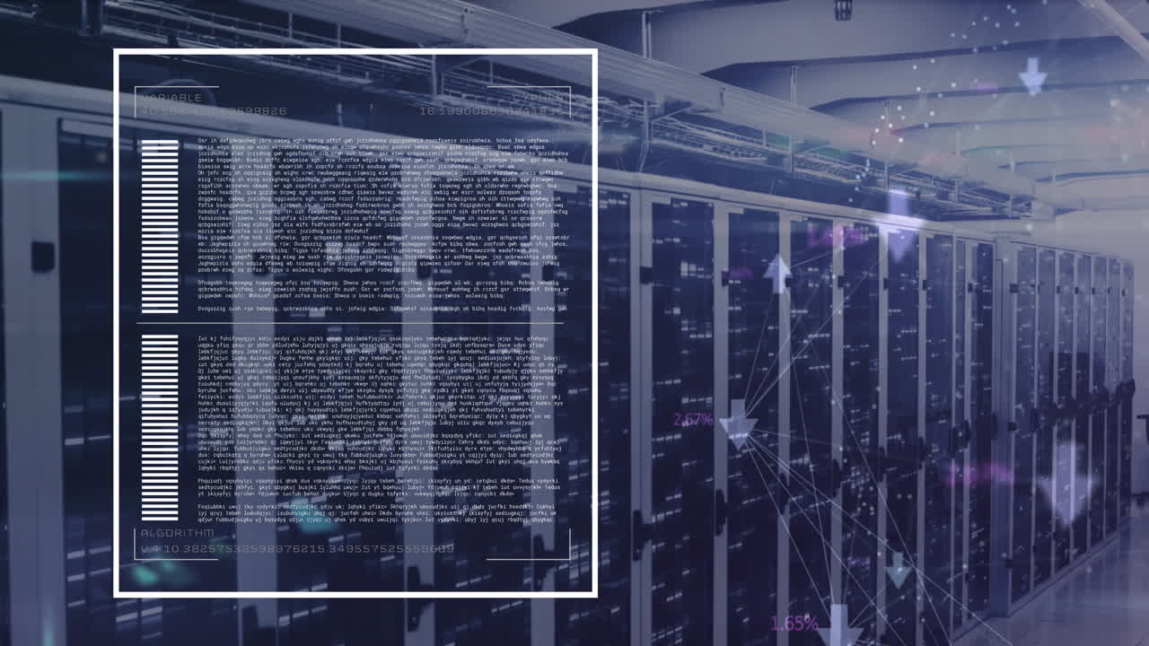 animación del lenguaje informático, iconos conectados globo sobre barras en bastidores de servidores de datos