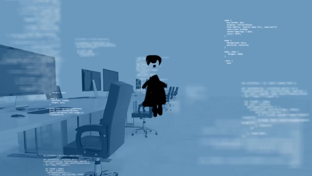 Animation of data processing and icon over desks with computers on white background