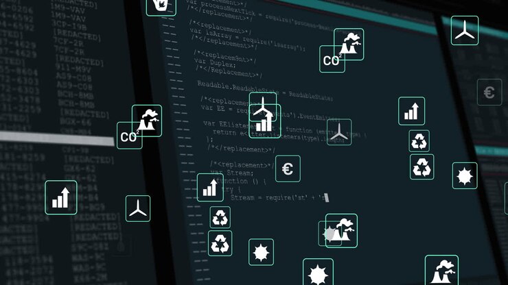 Animation of network of eco and environmentally friendly icons over data processing