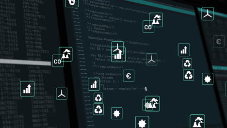 Animation of network of eco and environmentally friendly icons over data processing