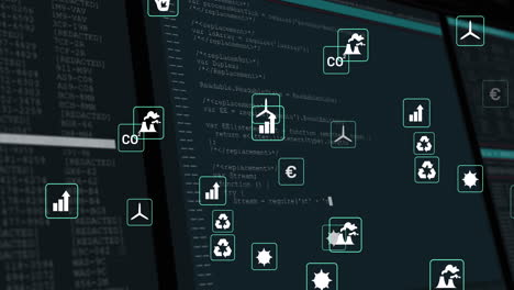 animation of network of eco and environmentally friendly icons over data processing