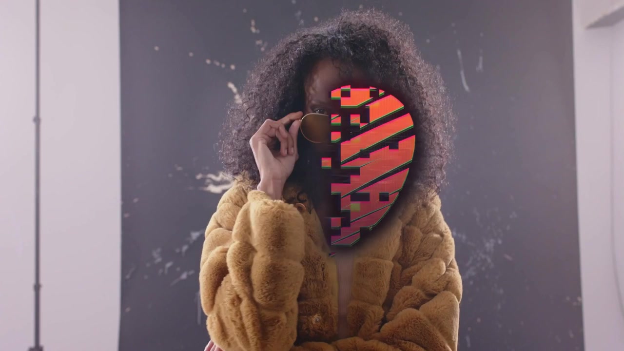 Female model starting hands near face, fixing hair, coat, red heart covering, glitching for fashion