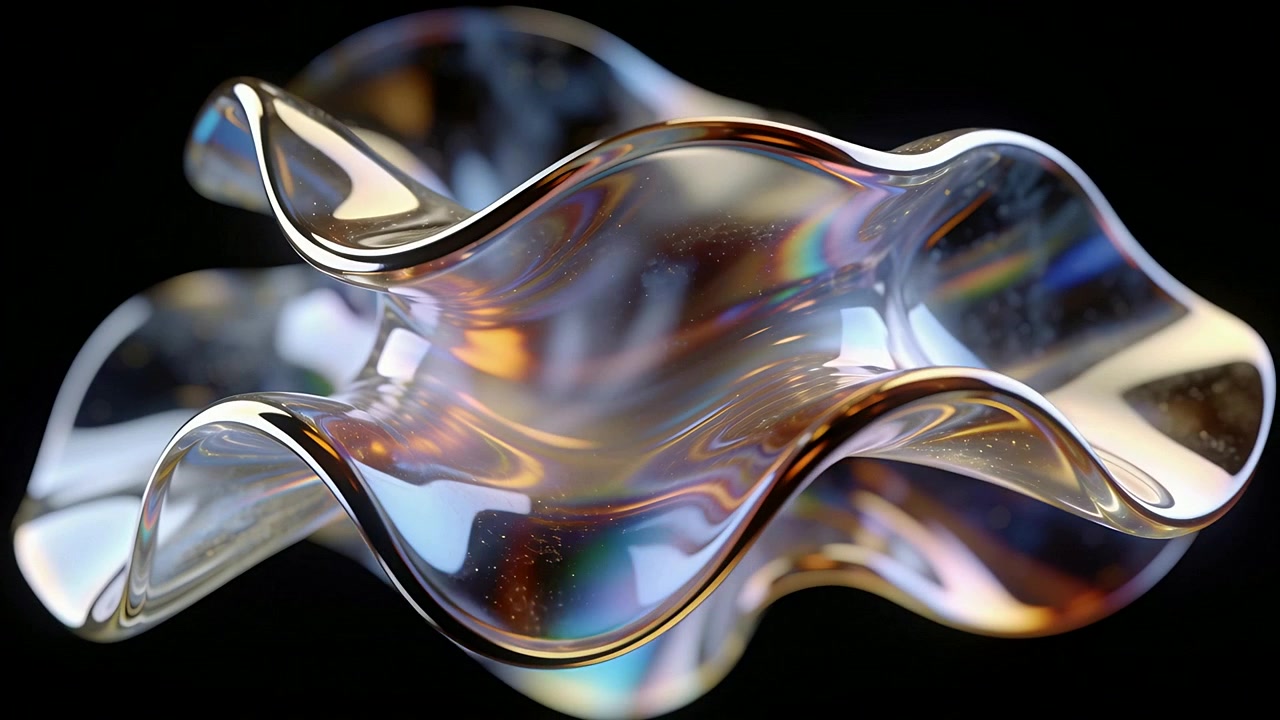 Panning camera revealing glass wavy ribbon shifting iridescent highlights in studio, black backdrop