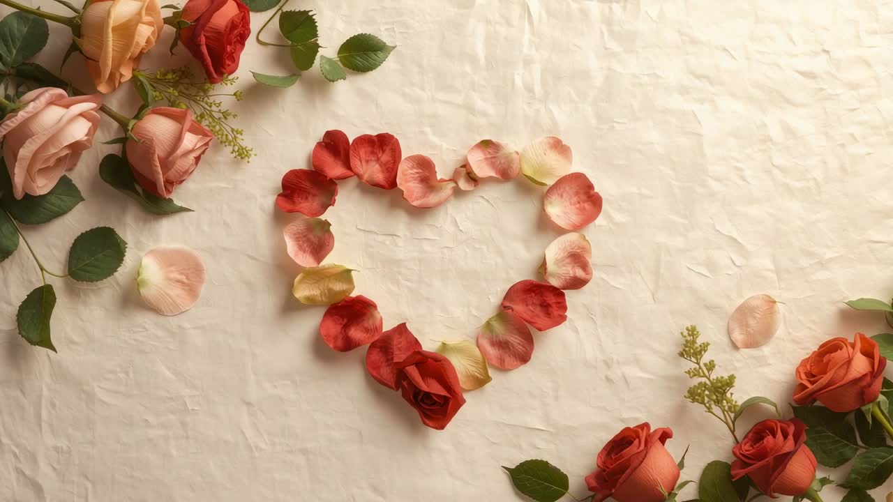 Câmera superior se aproximando de um coração de pétalas sobre a mesa, destacando botões de rosa e folhas