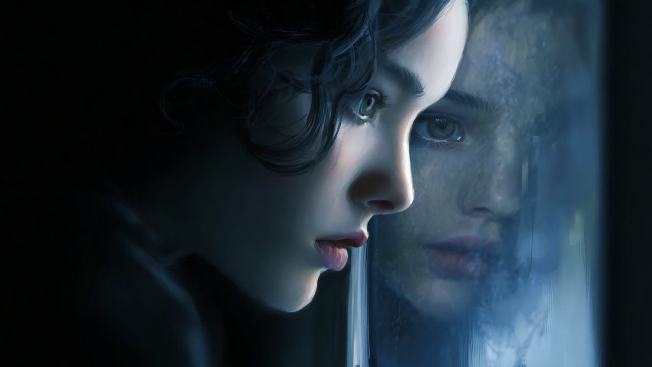 A close-up view of a young woman's contemplative expression as she gazes into a foggy glass window, reflecting her inner thoughts and emotions in a moody and atmospheric setting