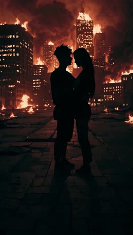 couple in love amidst city fire