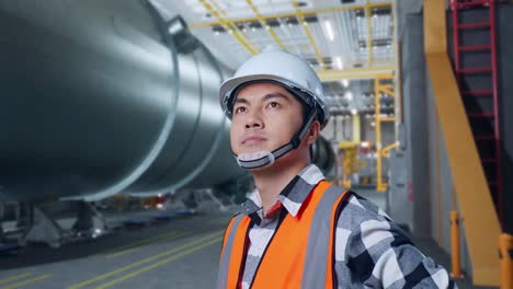vista lateral de cerca de un ingeniero masculino asiático con casco de seguridad en una fábrica de fabricación de tubos. de pie con los brazos akimbo mirando a su alrededor, comprobando