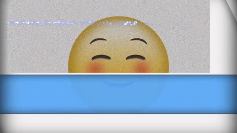 digital animation of tv static effect over blushing face emoji on white and blue background