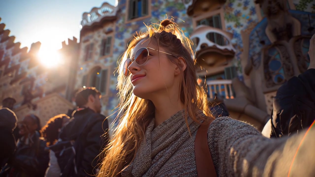 Rekaman seorang wanita muda tersenyum mengenakan kacamata hitam mengambil swafoto dengan turis di luar arsitektur mozaik berwarna-warni di Park Guell, Barcelona, Spanyol dalam cahaya matahari terbenam yang hangat