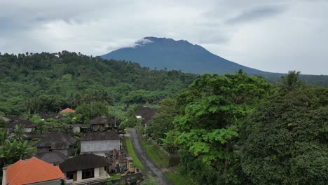 Árboles-Tropicales-Que-Conducen-Hacia-El-Monte-Agung-En-Una-Mañana-Nublada-En-Bali,-Indonesia.