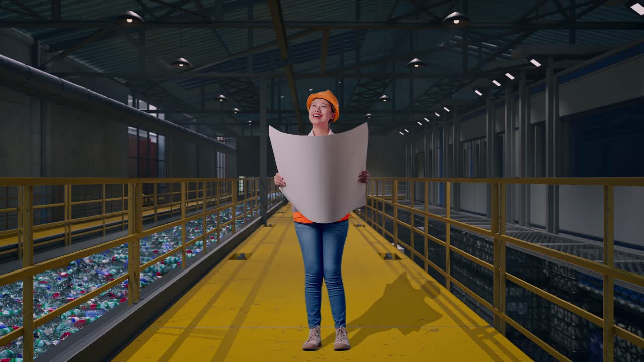 Engenheira asiática de corpo inteiro com capacete de segurança, examinando a planta em suas mãos e observando ao redor enquanto inspeciona uma fábrica de reciclagem de plástico com esteira transportadora de garrafas.