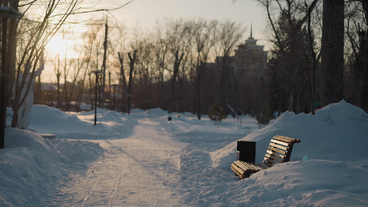 Serene winter pathway covered with snow and lined with benches and bare trees under soft golden sunlight, with statue and city buildings visible in distance through calm snowy park atmosphere