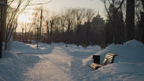 serene winter pathway covered with snow and lined with benches and bare trees under soft golden sunlight, with statue and city buildings visible in distance through calm snowy park atmosphere