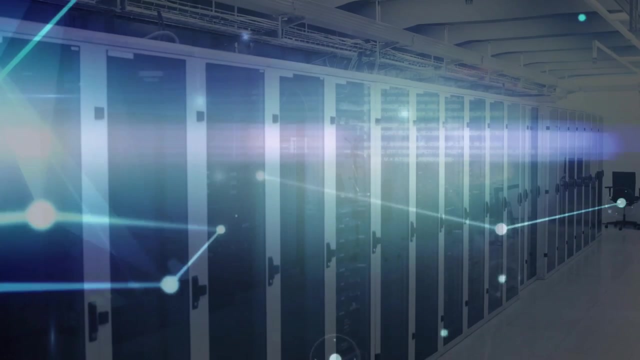 Server cabinets receiving network overlay visualizing data flow while camera panning toward chair
