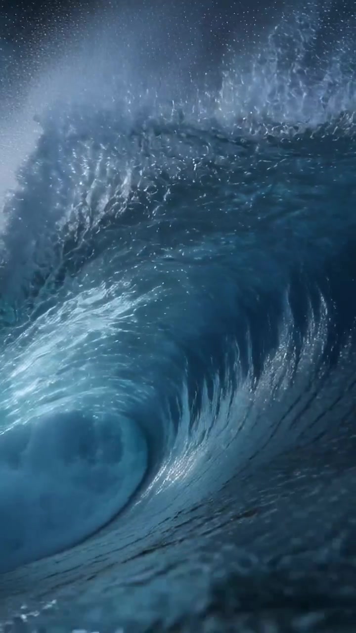 Vertical video: Forming big ocean wave curling barrel in open sea, with vortex and swell pushing